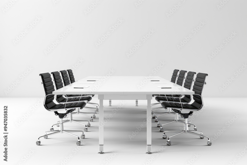 Poster simple dining setup with a white table and black chairs against a white background