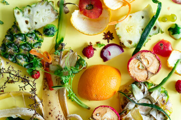 a variety of fruits and vegetables food waste on-a-yellow surface
