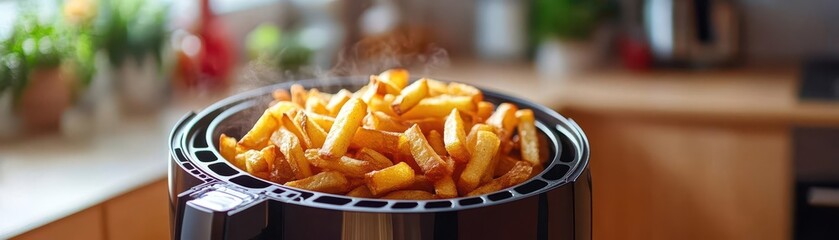 Air fryer with basket cooking crispy fries, with a kitchen setting