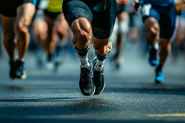 Athletes with prosthetics compete in a running event at the paralympic games for disabled athletes