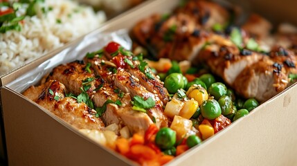 Detailed view of a sealed meal kit with nutritional information and cooking instructions, packaged in a branded box