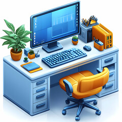 Modern Workspace: Desk with Glossy Monitor and Accessories Showcasing a Clean and Organized Remote Work Setup - Captured from a Slight Overhead Perspective for Photo Stock Concept