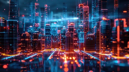 Fototapeta premium A cityscape with buildings lit up in neon colors
