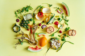 a variety of fruits and vegetables food waste on-a-yellow surface