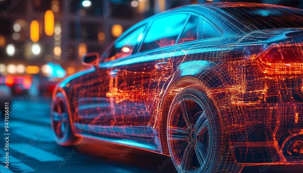 Poster 3d car mesh visualization highlighting internal wiring network created with generative ai