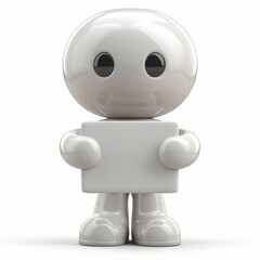 Fototapeta premium The 3D character is a simple white figure with black eyes and a friendly smile. It is standing and holding a blank sign. The character and sign are isolated on a white background. Copy space