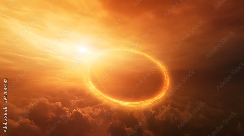Poster conceptual image of a radiant solar halo or glowing celestial orb surrounded by a vibrant color grad