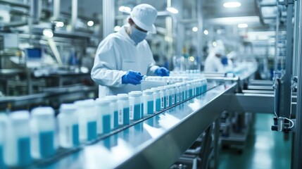 Obraz premium Food packaging in a factory setting, showing workers sealing and labeling various products on a production line