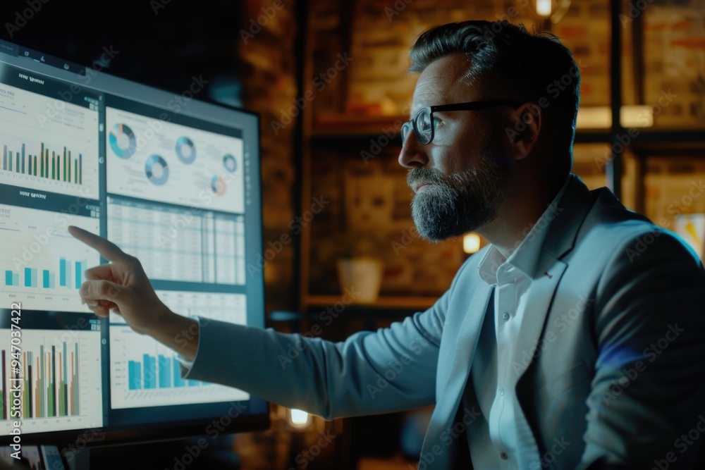 Aufkleber a man in a business suit is gesturing towards a computer screen, likely explaining or demonstrating 