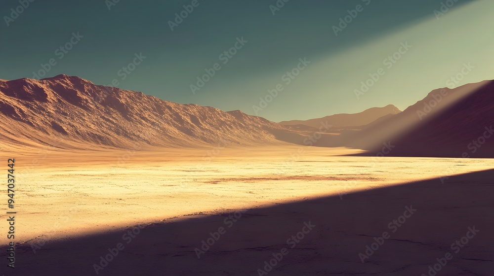 Poster A conceptual image of the sun casting long shadows across a desert landscape with the light creating sharp contrasts and a minimalist abstract