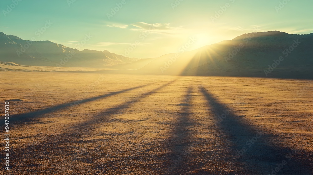 Poster a conceptual image of the sun casting long shadows across a desert landscape with the light creating
