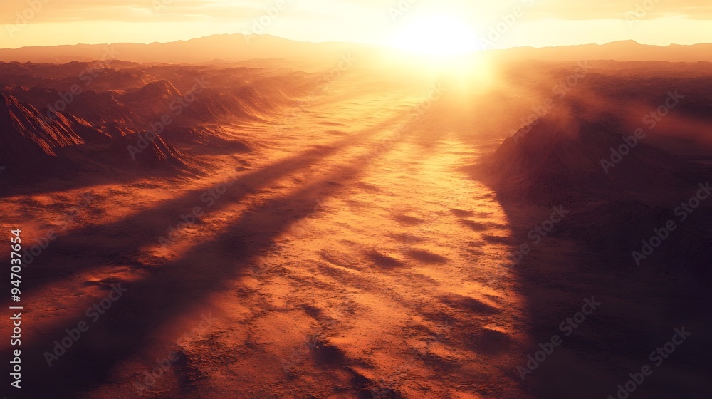 Aufkleber conceptual image of the sun casting long dramatic shadows across a serene desert landscape with the 