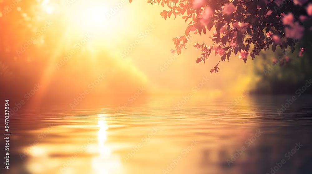 Poster a conceptual image showcasing the warm glowing radiance of the sun casting a serene and tranquil atm