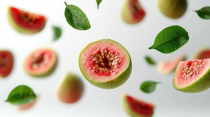 Naklejka premium Guava Slices and Leaves Falling Against a White Background