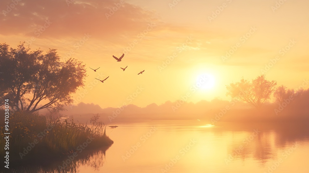 Poster conceptual image of a tranquil landscape scene with the sun casting a warm glowing light that create