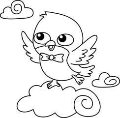 Drawing outline little bird perched on a cloud in the sky.eps