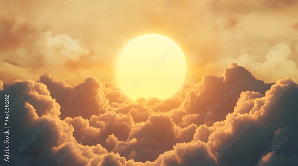 Poster a conceptual image showcasing the gradual obscuring of the sun by atmospheric clouds with only faint