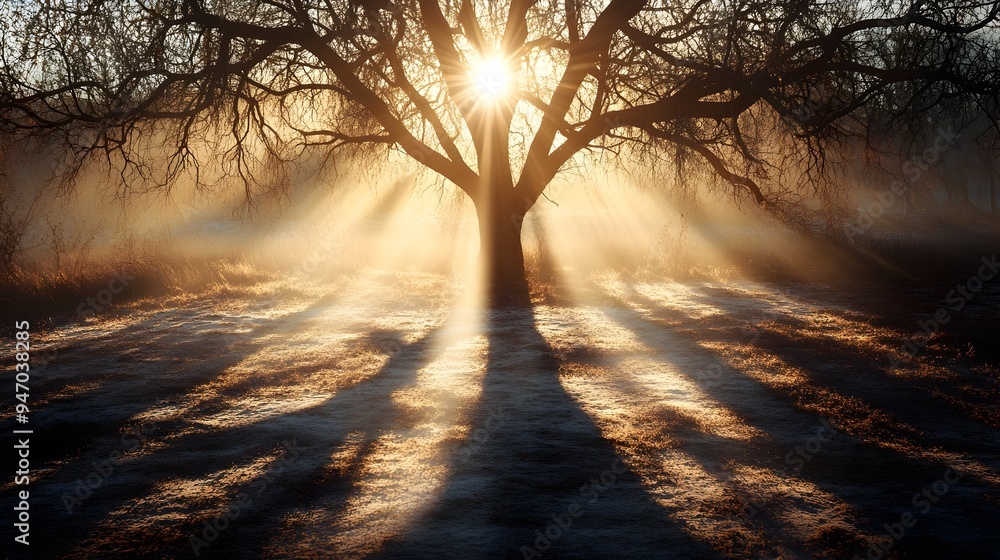 Poster conceptual image of the sun breaking through the branches of a tree casting intricate shadows and pa