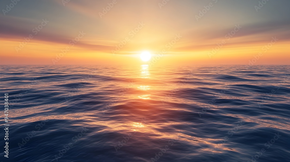 Poster breathtaking conceptual image of the sun setting into a vast shimmering ocean the warm glowing light