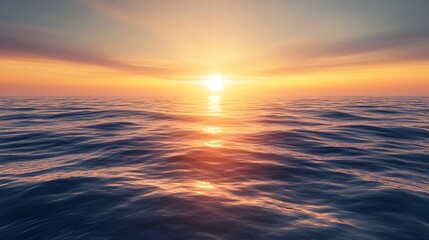 Breathtaking conceptual image of the sun setting into a vast shimmering ocean  The warm glowing light reflects off the gentle waves creating a mesmerizing and serene atmosphere with ample copy space