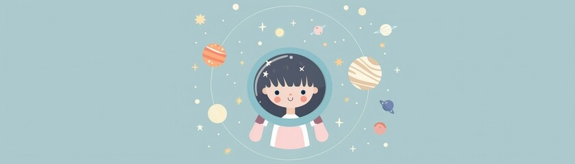Cute Girl Astronaut Looking Out at Space.