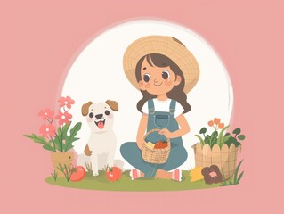 Happy Girl with Dog and Basket of Vegetables in Garden.