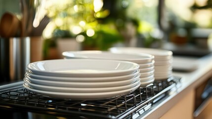 Fototapeta premium Dish drying rack with dishes neatly stacked, drying by the sink
