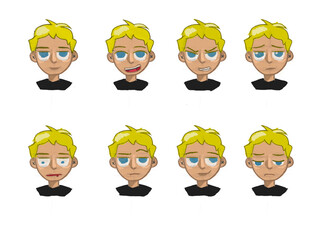 Blonde faceexpressions isolated on white background and png. Cartoon design illustration with collection of different emotions, boy with happy smile, angry, sad, curious, salivating, neutral and upset