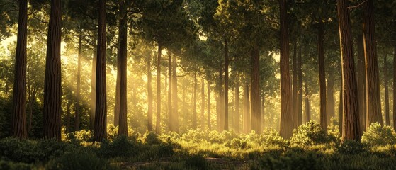 Golden Light Filtering Through a Dense Forest of Tall Trees