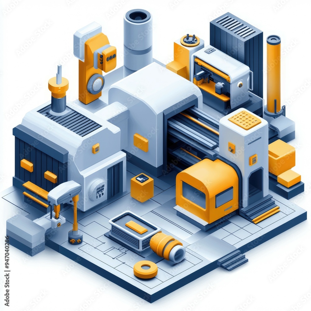 Poster industrial machinery and automated production line in a factory setting