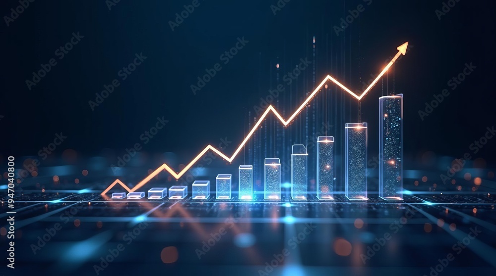 Poster glowing financial bar graph: digital business analytics and performance metrics visualization