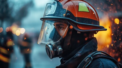 Fototapeta premium Firefighter wearing a helmet and holding a hose during a fire drill