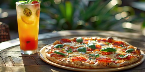 Fresh homemade margarita and pepperoni pizza garnished with ripe tomatoes melted mozzarella cheese and fragrant basil leaves Served on a rustic outdoor garden table