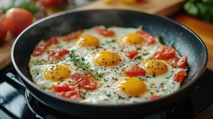 Frying pan with eggs cooking on a stovetop, with focus on breakfast