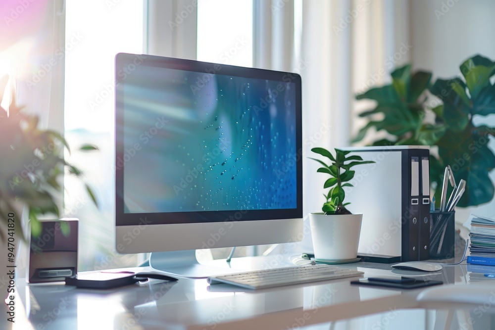Poster a desktop computer monitor sitting on a desk