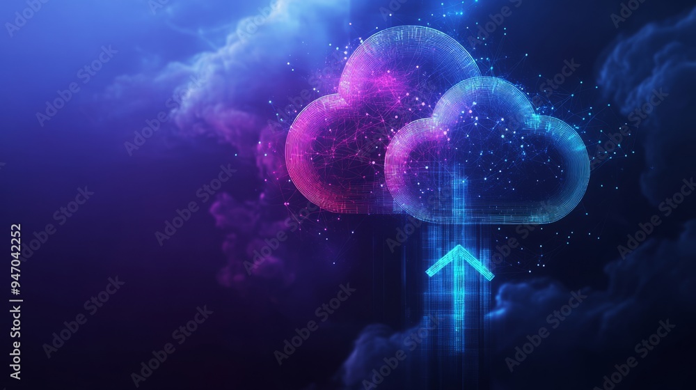 Poster abstract digital cloud computing icon with neon arrows up and down on a futuristic cyberpunk blue-pu