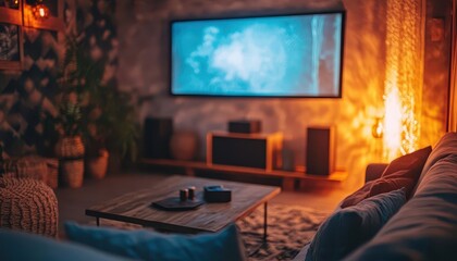 Home theater system in a cozy living room, set up for an immersive experience