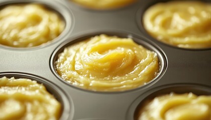 Muffin tin with batter filled and ready to bake in the oven