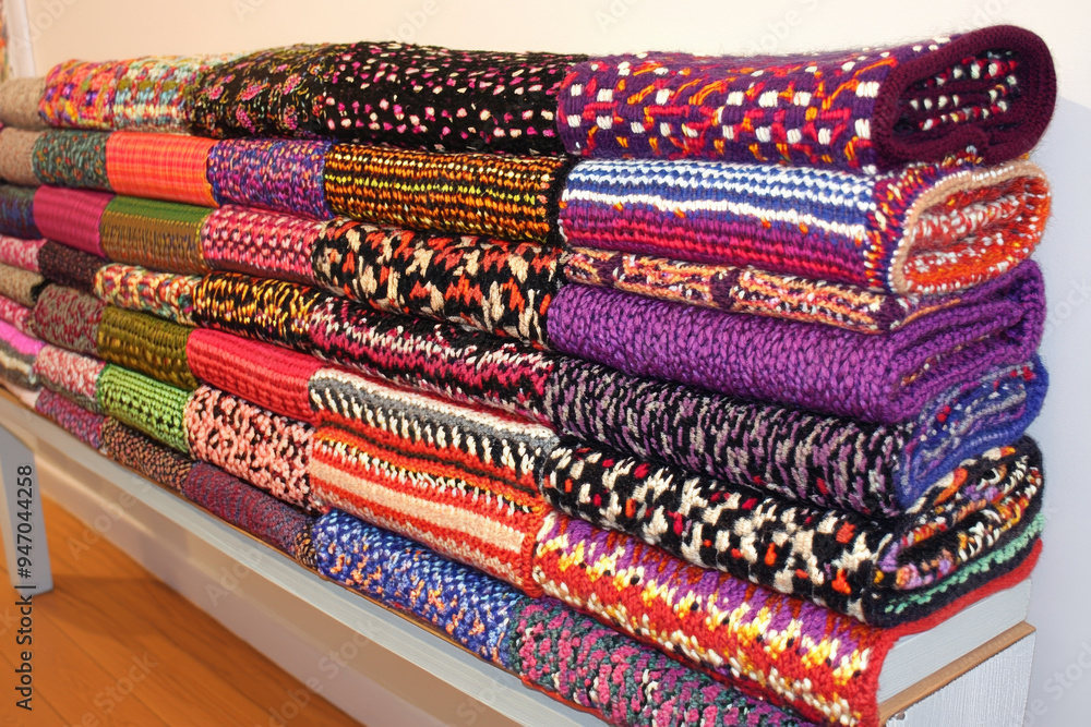 Poster a row of colorful knitted blankets are stacked on top of each other