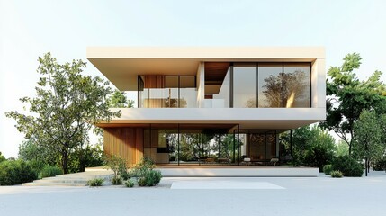 Modern Two-Story House with Large Windows and Wooden Accents