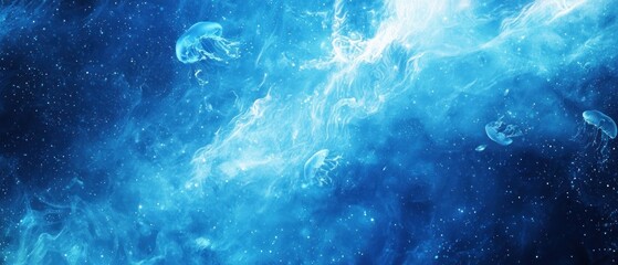Fototapeta premium Jellyfish and Swirling White Clouds in a Blue, Starry Sky