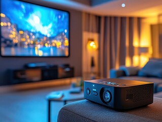 Projector with remote set up in a home theater, displaying a movie