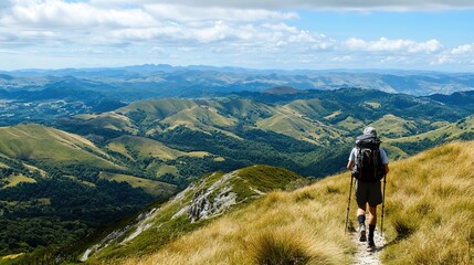 Hiker with trekking poles walking along a mountain ridge, with a vast landscape of rolling hills and valleys below