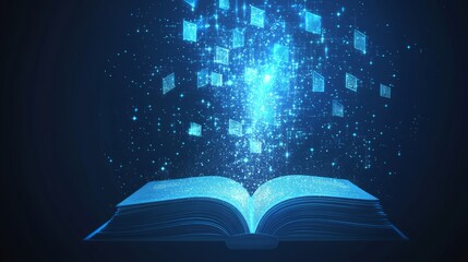 Abstract digital open book and light blue growth arrows. Skill levels growth. Increasing Skills. Technology and knowledge background. Learn concept. Education innovation. Low poly vector Illustration.