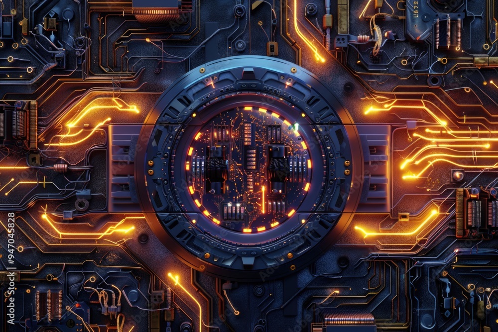 Poster A detailed view of a clock on a electronic circuit board, suitable for use in tech-related projects or educational materials