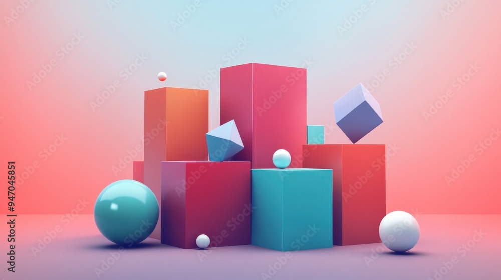 Poster abstract geometric shapes and spheres on a gradient background