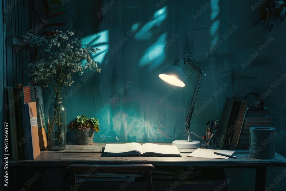 Poster a quiet workspace with a lamp and a book