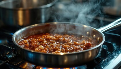 Saucepan with sauce bubbling on a stove, filling the kitchen with aroma