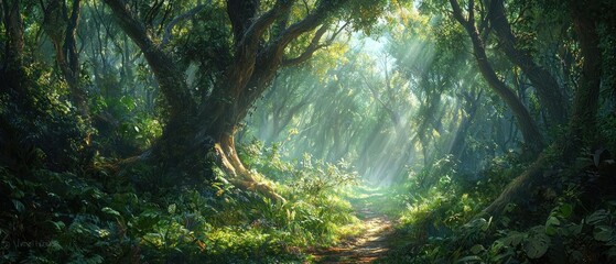 Sunbeams Through a Lush Forest Path