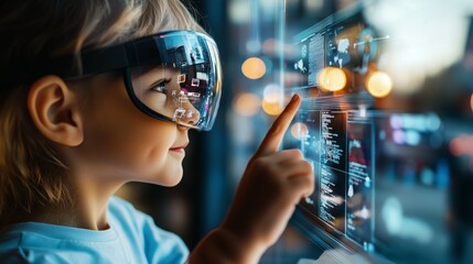 Kid Wearing Futuristic VR Glasses Interacting with Digital Interface